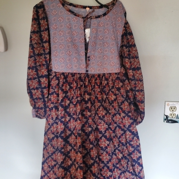 Free People Indigo Combo Long Bell Sleeve Maxi Sz. L Dress - Picture 2 of 15